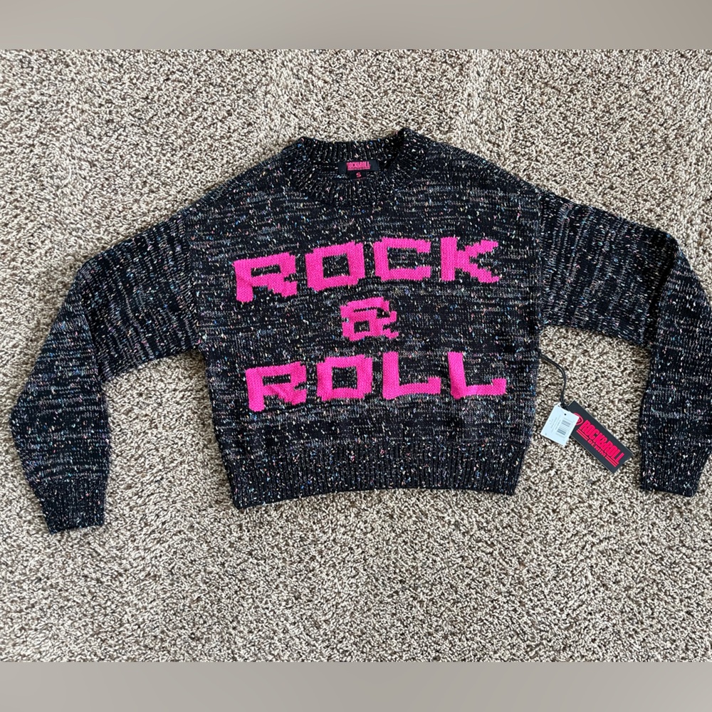 Rock & Roll Graphic Crewneck Sweater - Black with Hot Pink